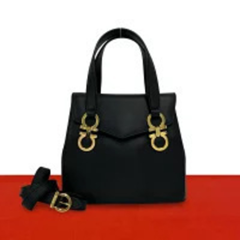 Salvatore Ferragamo Gancini Leather 2Way Shoulder Bag Black